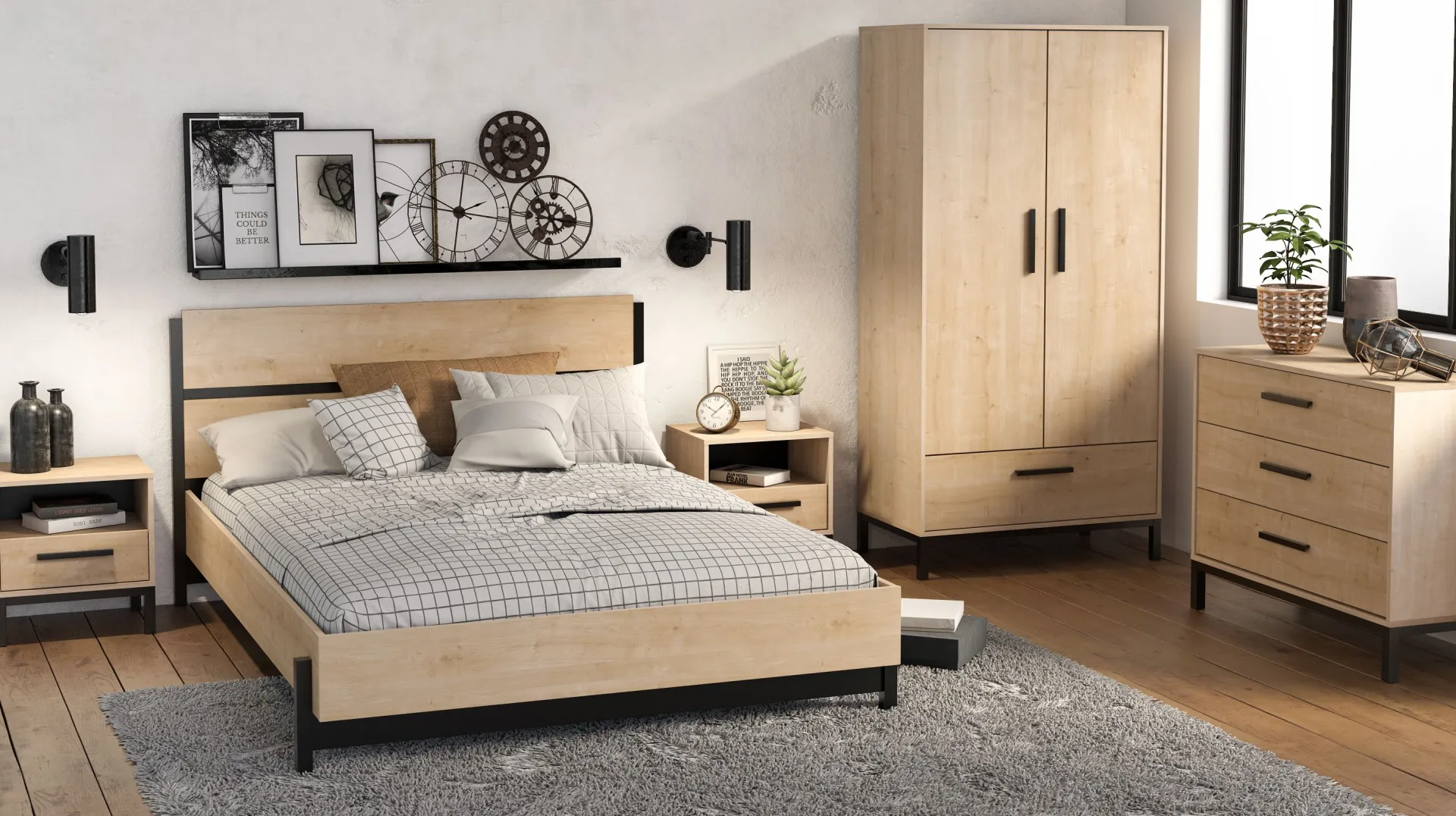 CBA Schlafzimmerset Craig | Doppelbett, Nachttisch, Kleiderschrank, Kommode | Oak Matte Black