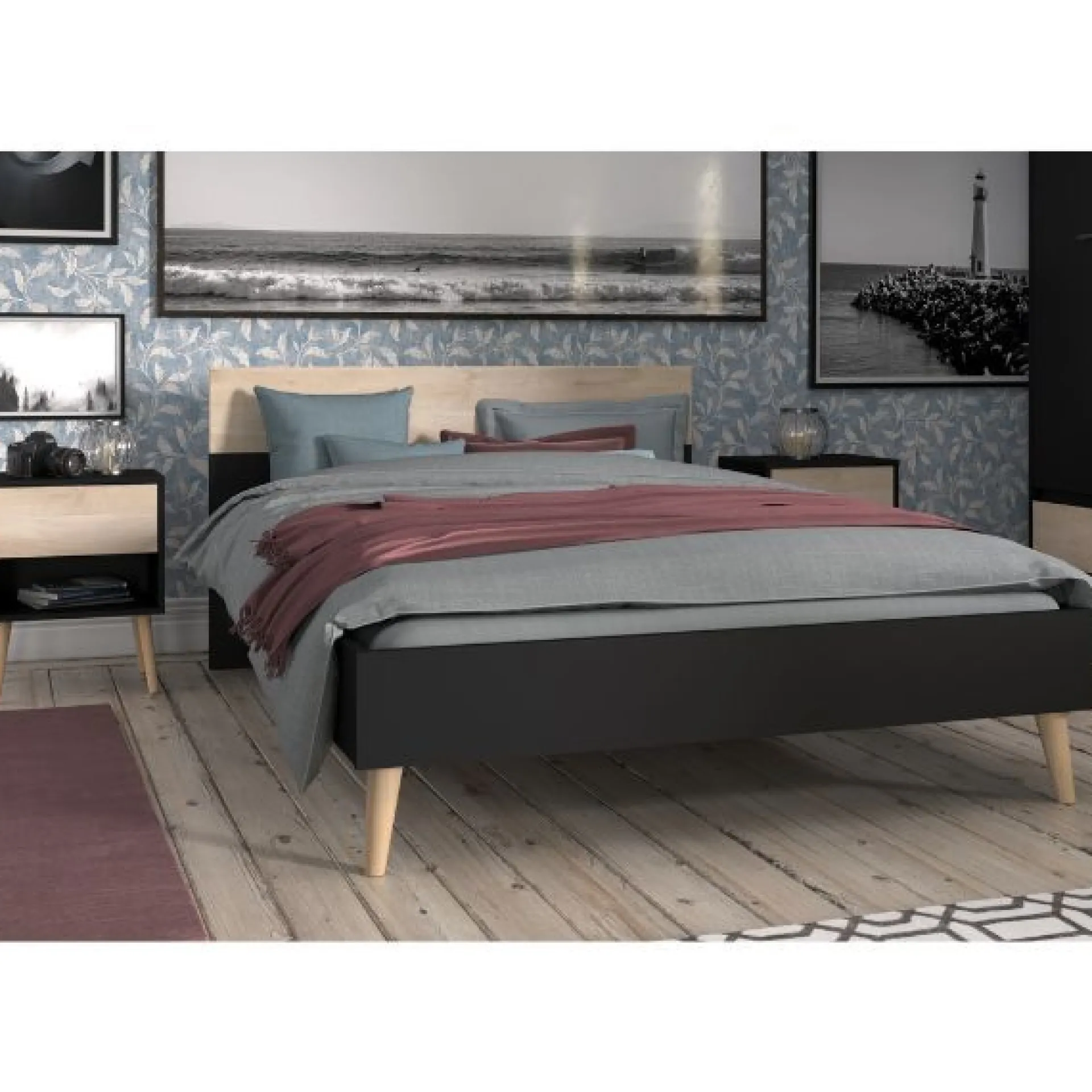 Schlafzimmerset Hardy | Doppelbett, Nachttisch | Oak Black Design