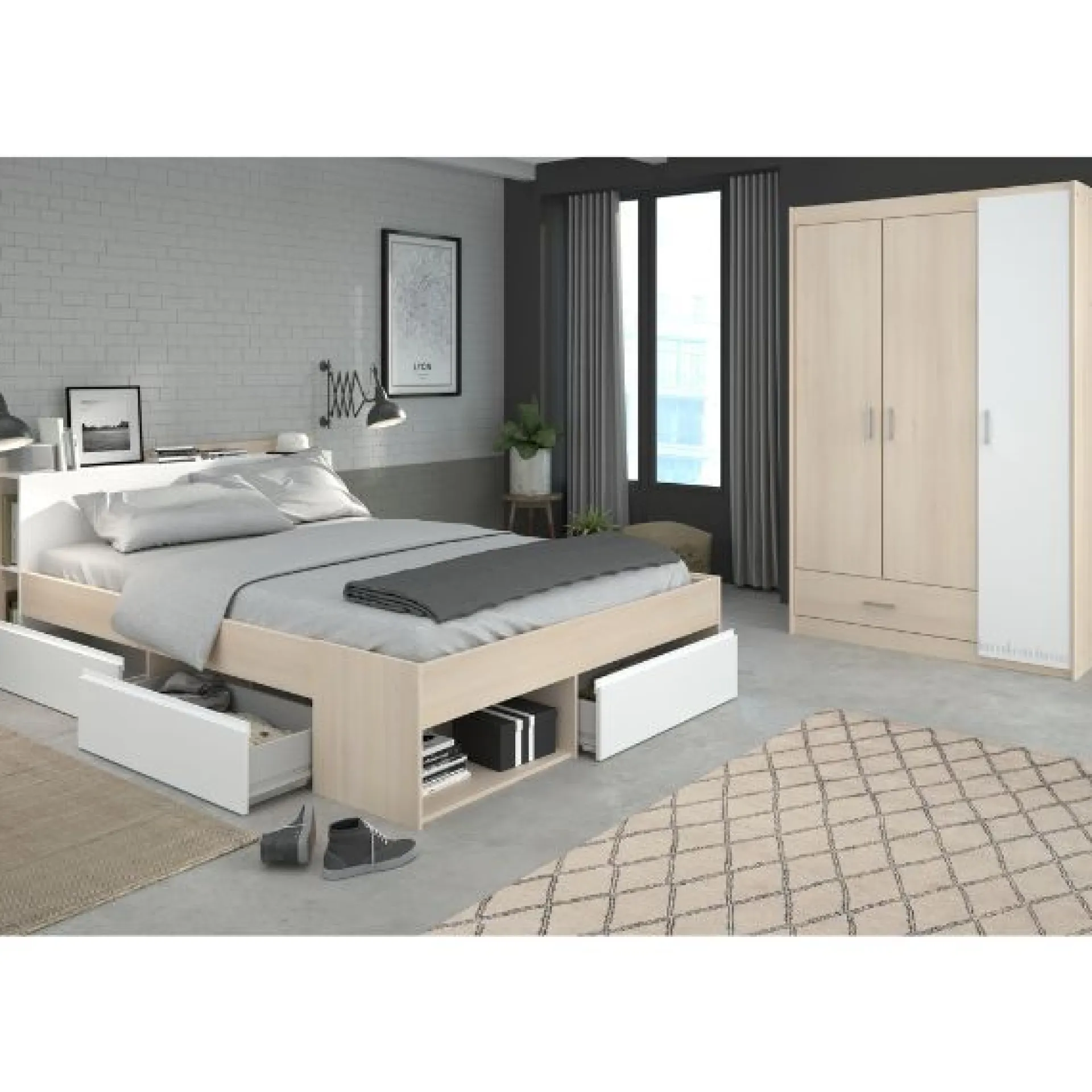 Parisot Schlafzimmer-Set Most | Doppelbett mit Stauraum, Kleiderschrank