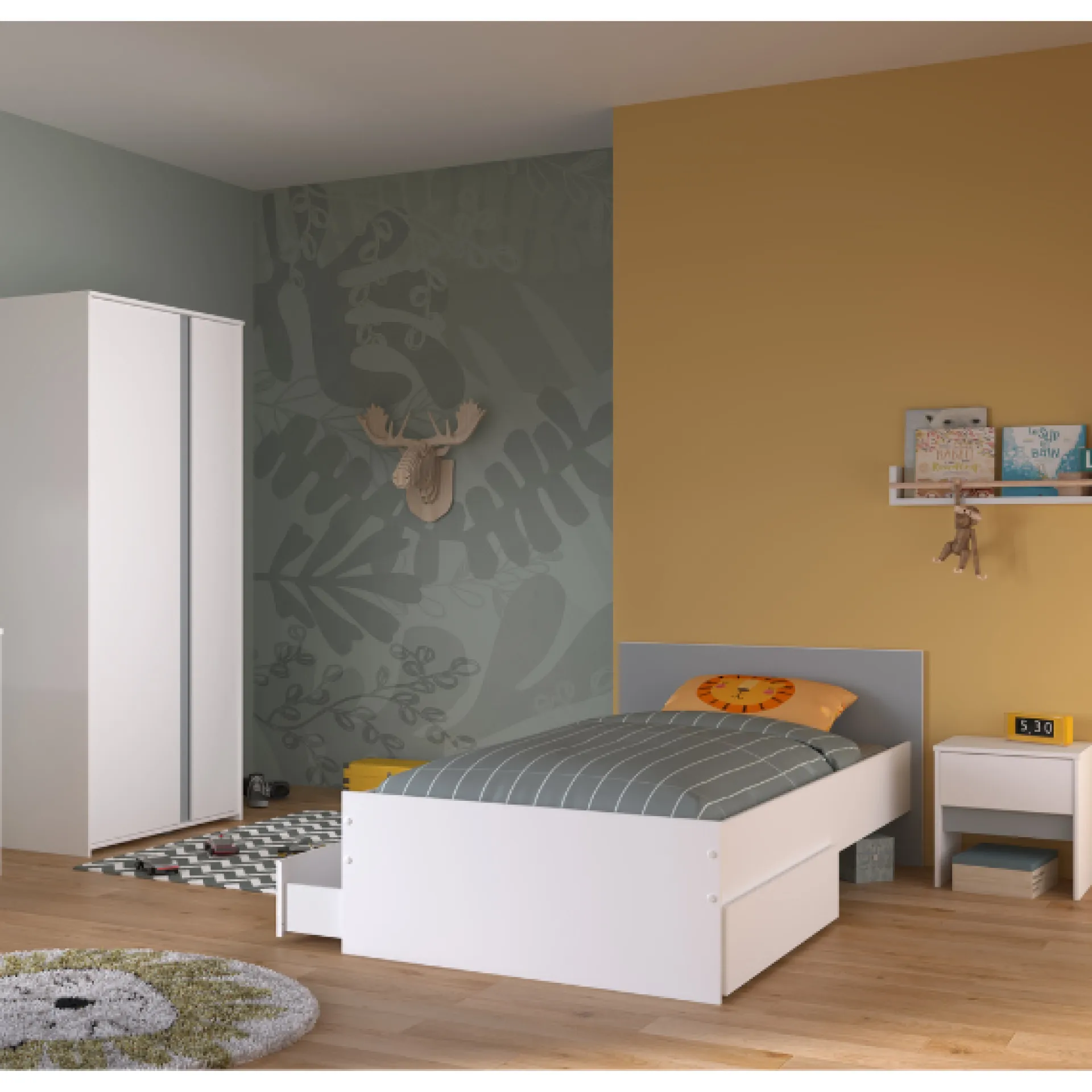 Kinder Parisot Schlafzimmerset Rue | Einzelbett, Nachttisch, Nachttisch, Kleiderschrank