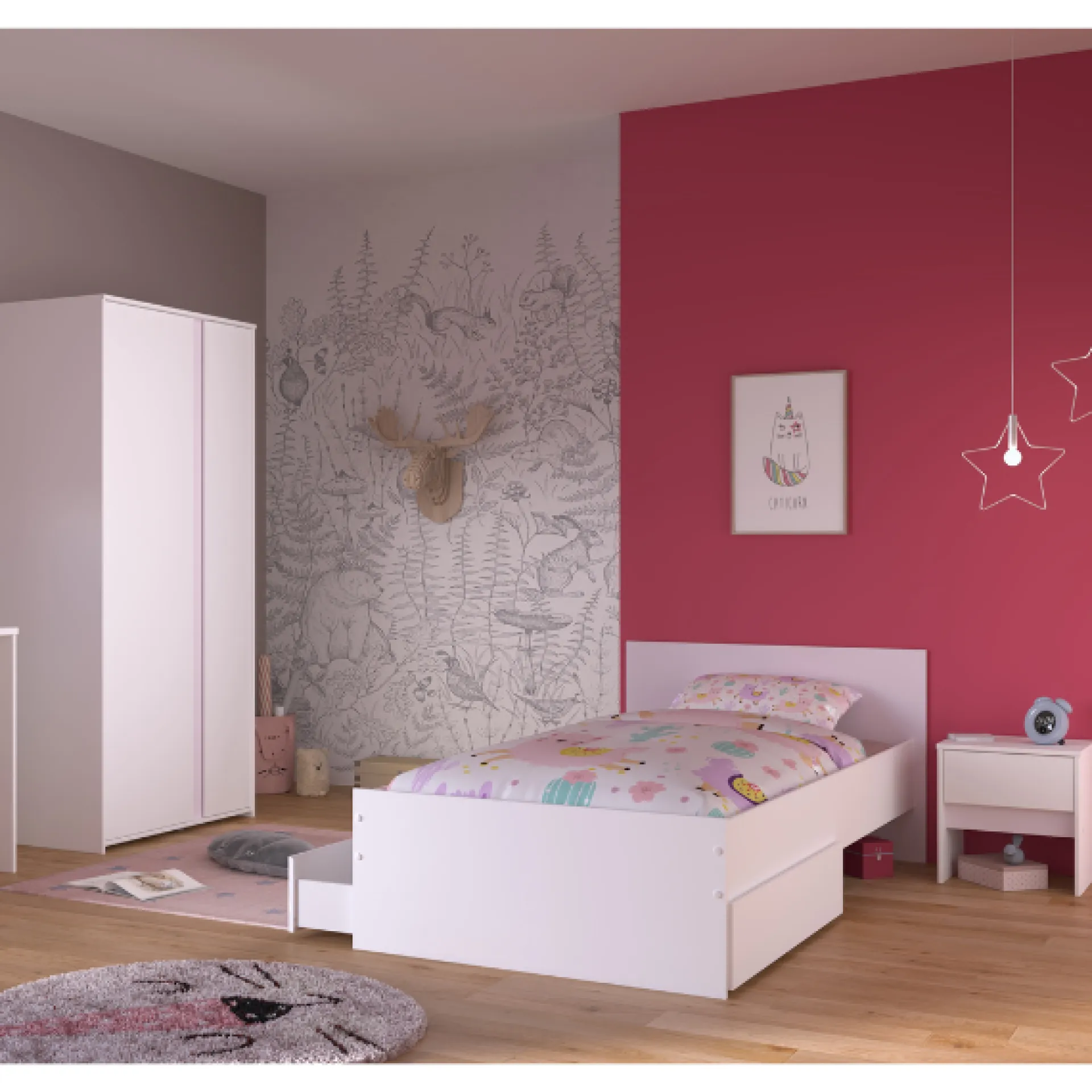 Kinder Parisot Schlafzimmerset Rue | Einzelbett, Nachttisch, Nachttisch, Kleiderschrank