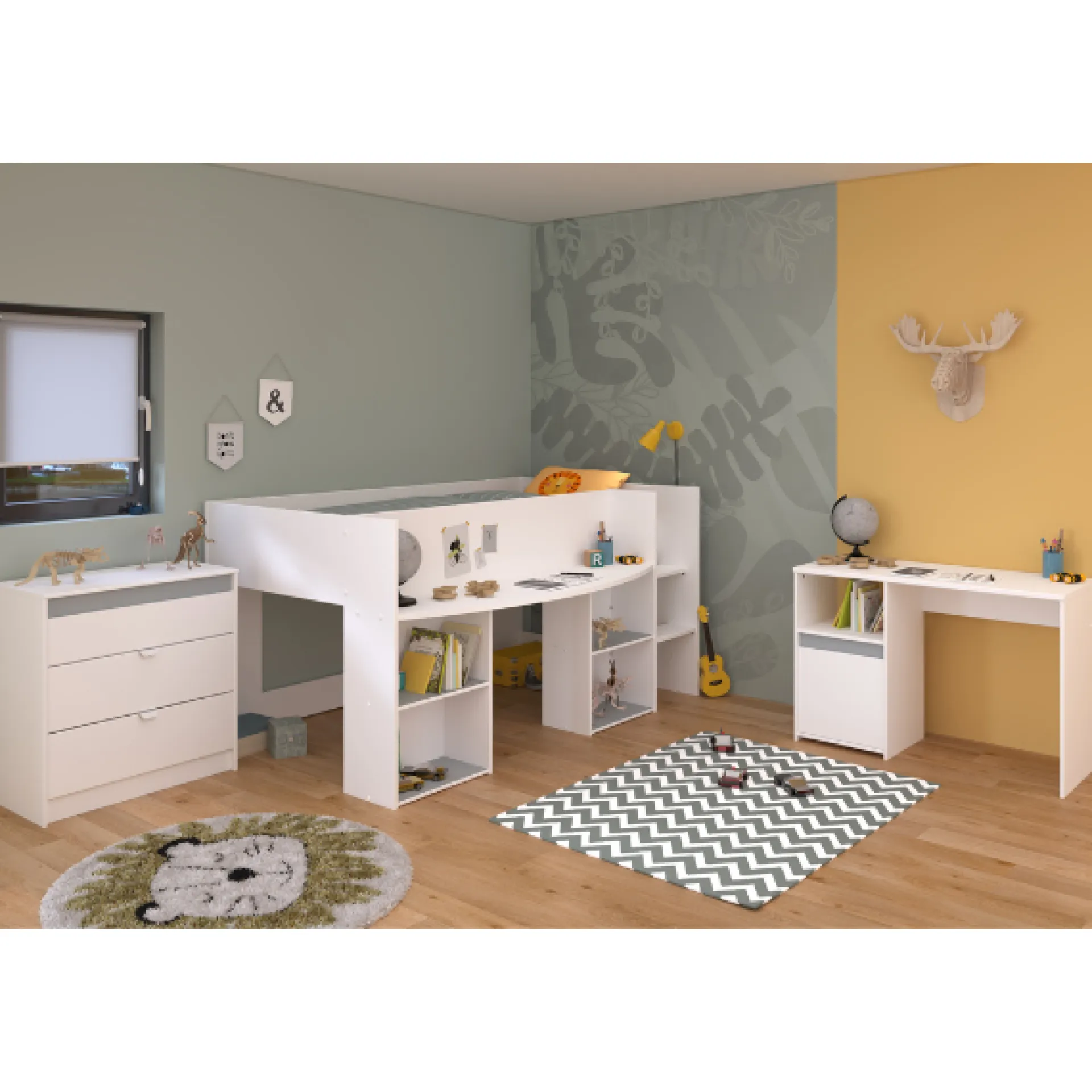 Kinder Parisot Schlafzimmerset Rue | Halbhochbett, Kommode, Schreibtisch