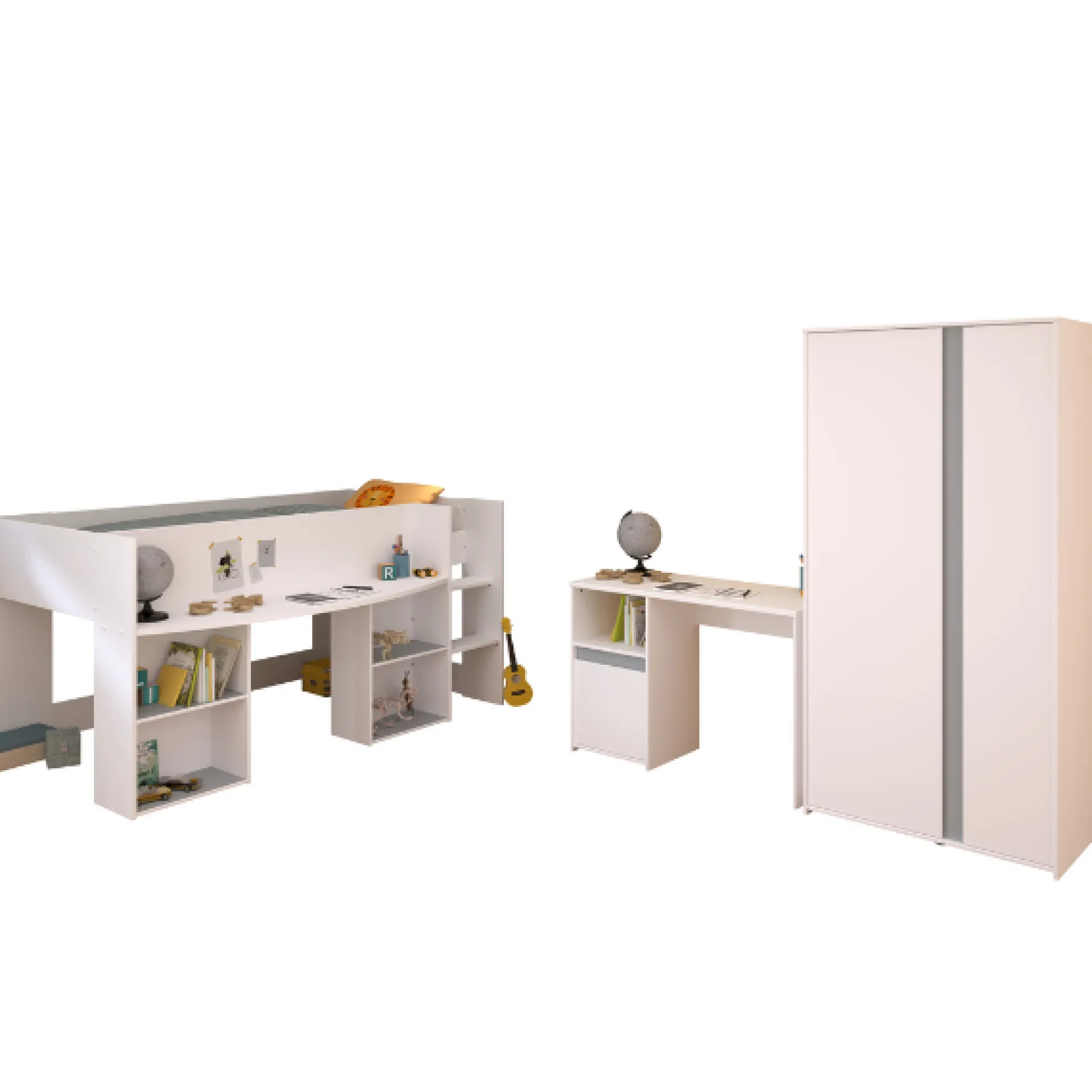 Kinder Parisot Schlafzimmerset Rue | Halbhohes Bett, Kleiderschrank und Schreibtisch