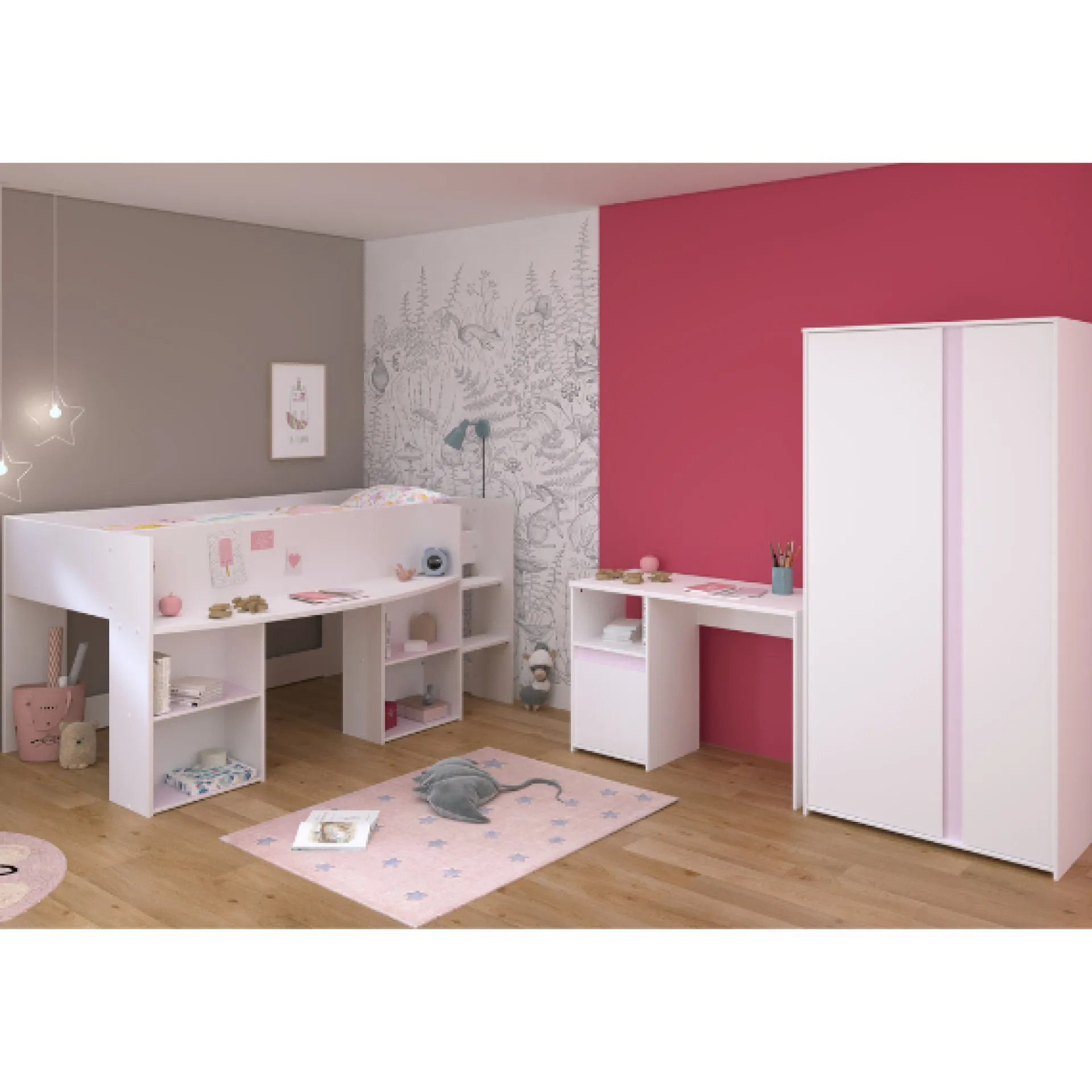 Kinder Parisot Schlafzimmerset Rue | Halbhohes Bett, Kleiderschrank und Schreibtisch