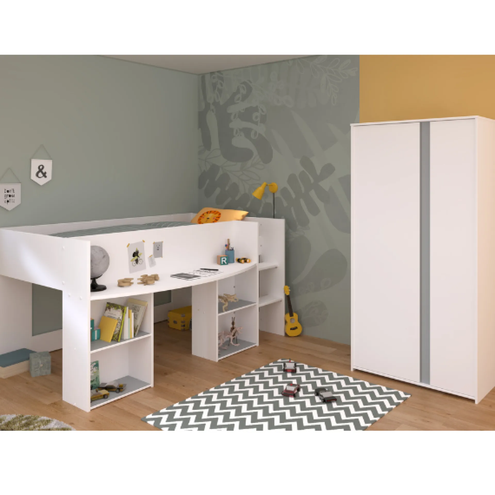 Kinder Parisot Schlafzimmerset Rue | Halbhohes Bett und Kleiderschrank