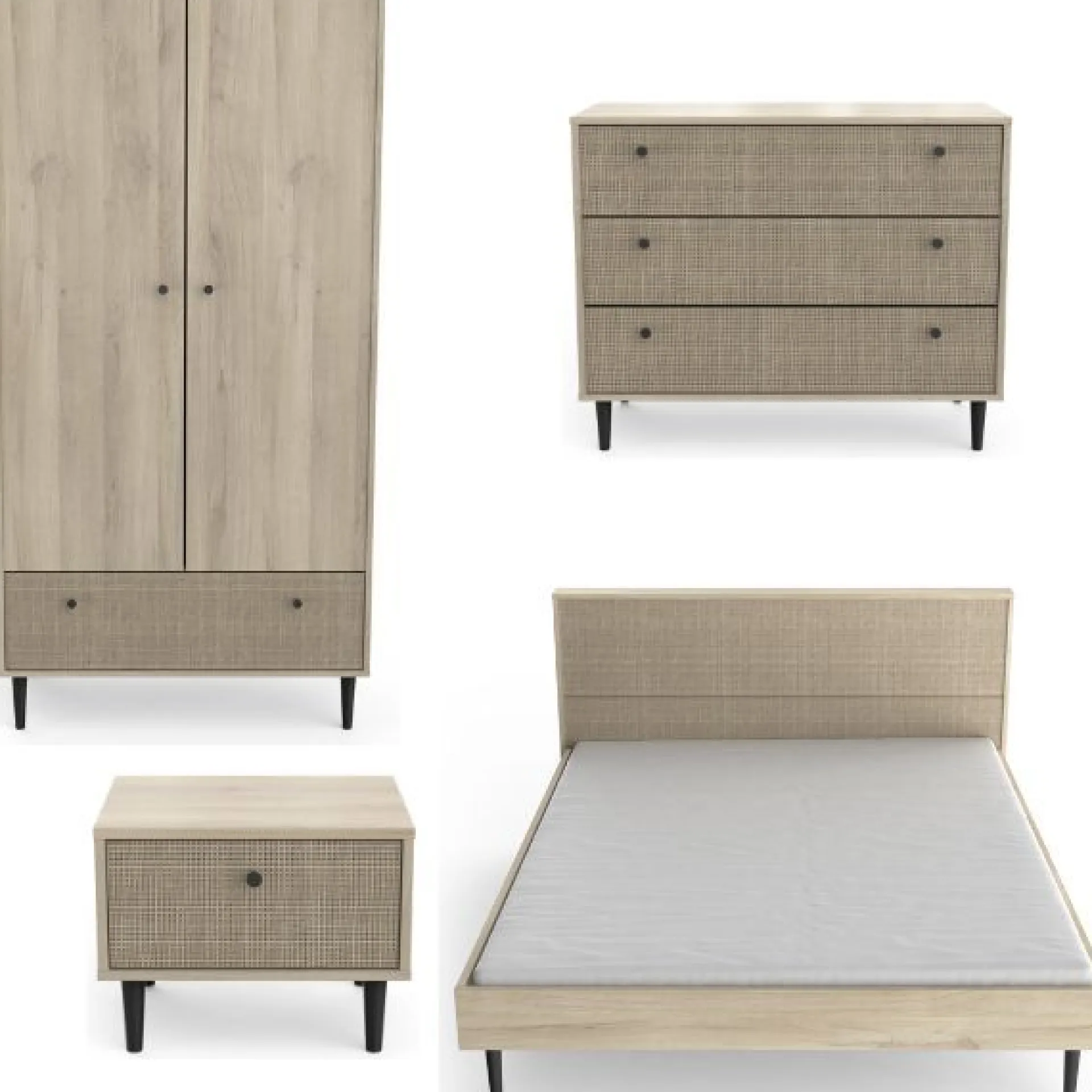 CBA Schlafzimmerset Sayuri | Doppelbett, Nachttisch, Kleiderschrank, Kommode | Kronberg Oak Design