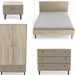 CBA Schlafzimmerset Sayuri | Queen Bett, Nachttisch, Kleiderschrank, Kommode | Kronberg Oak Design