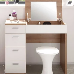 Kinder Emob Schminktisch Loïs 90cm, 1 Tür und 4 Schubladen - Eiche hell Dekor/Weiß
