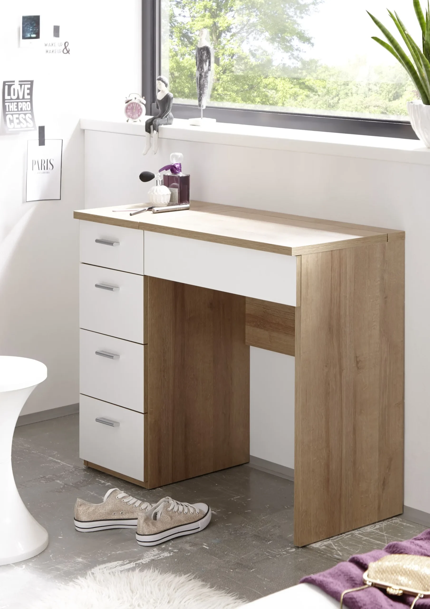 Kinder Emob Schminktisch Loïs 90cm, 1 Tür und 4 Schubladen - Eiche hell Dekor/Weiß
