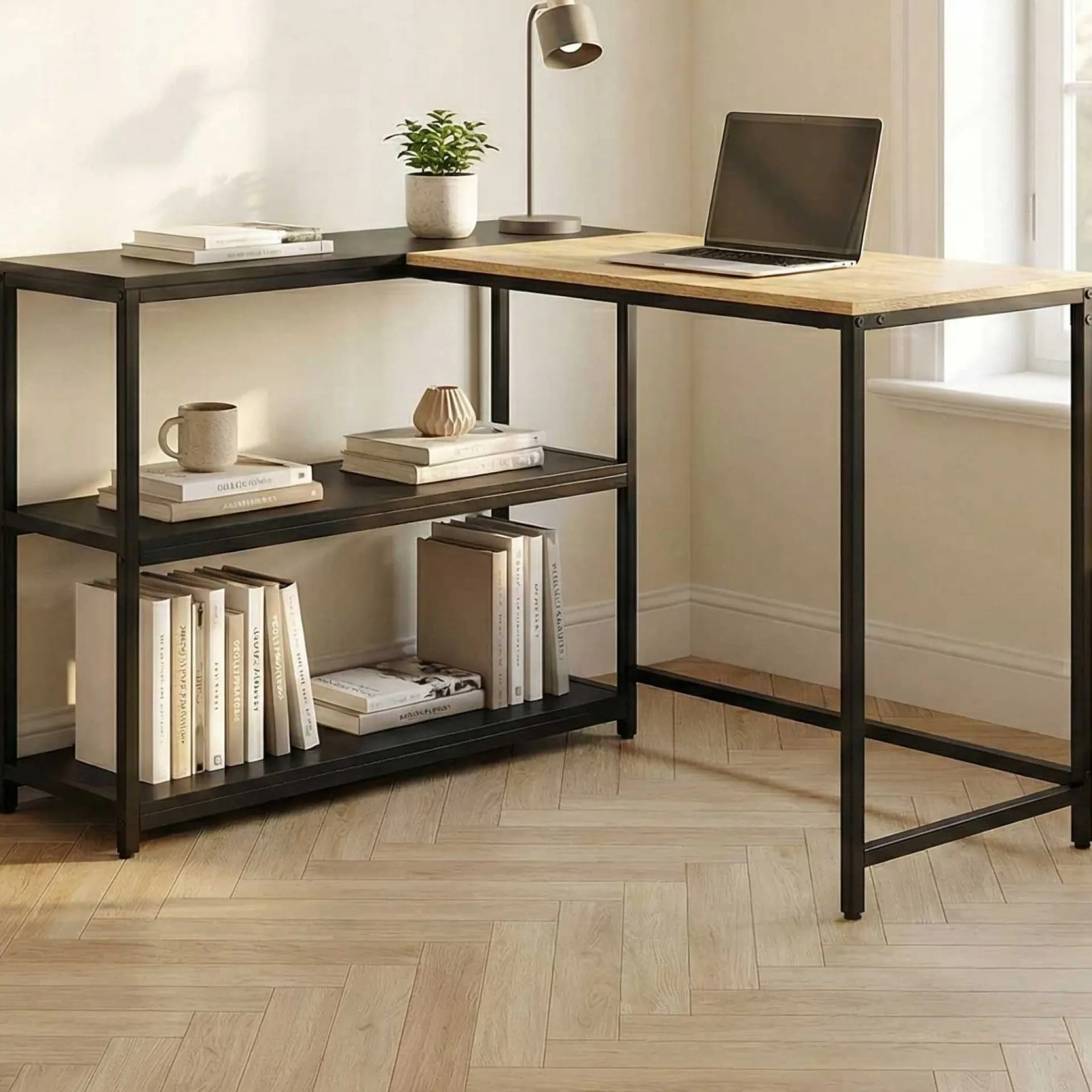 Emob Exclusive SchmitEckschreibtisch t - 110x80x76cm - mit Stauraum - Eiche Dekor/schwarz