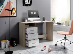 Emob Schreibtisch Adriano 123cm mit 3 Schubladen - Eiche/Weiß