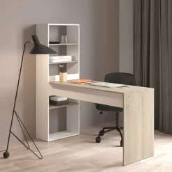 CBA Schreibtisch Azizam - 123x53x145cm - mit Bücherregal - weiß/Eiche Dekor