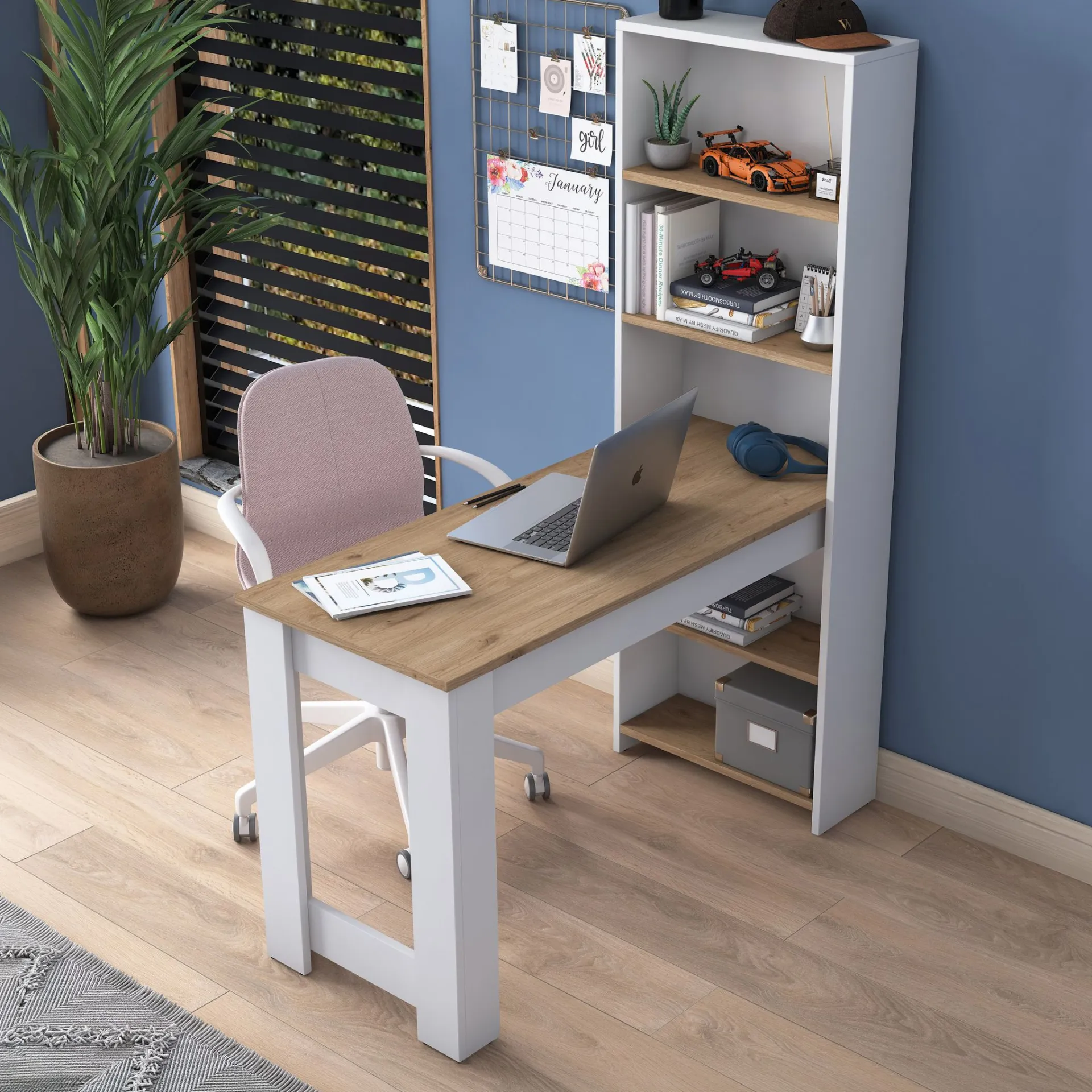 Emob Schreibtisch HA106 - 100% MELAMINE - Weiß - 120 x 153,6 x 53,8 cm
