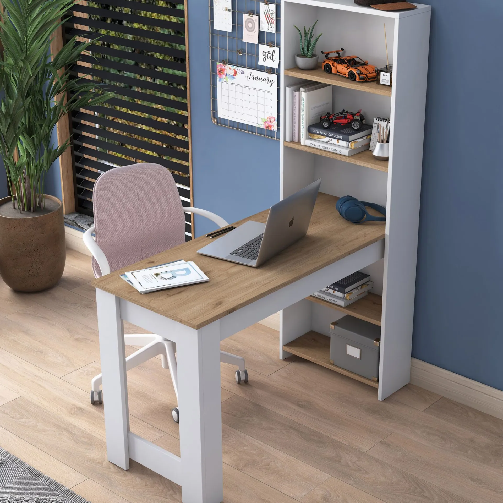 Emob Schreibtisch HA106 - 100% MELAMINE - Weiß - 120 x 153,6 x 53,8 cm
