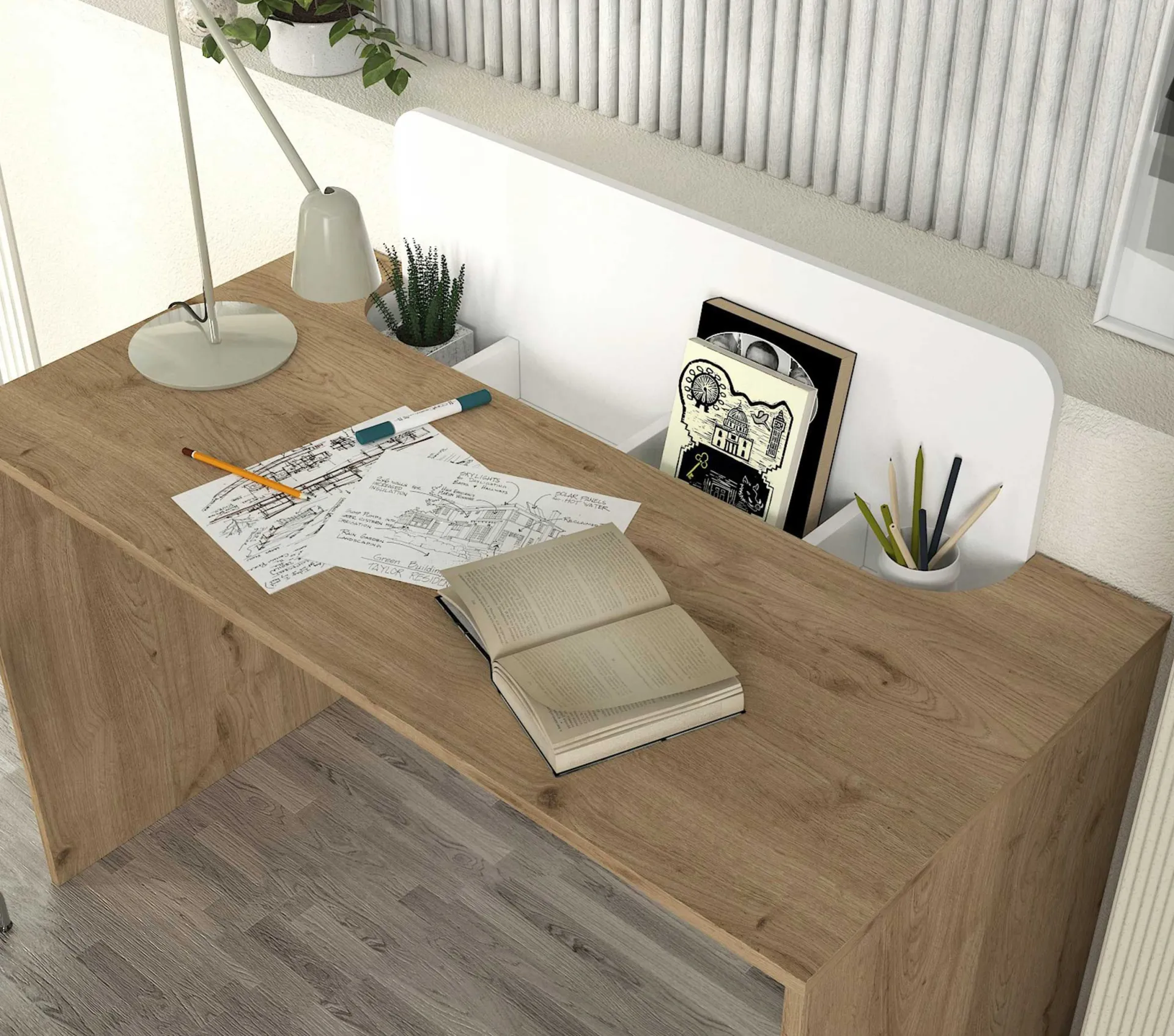 Emob Schreibtisch Maris - 120x60x98cm - mit Stauraum - Eiche Dekor/Weiß