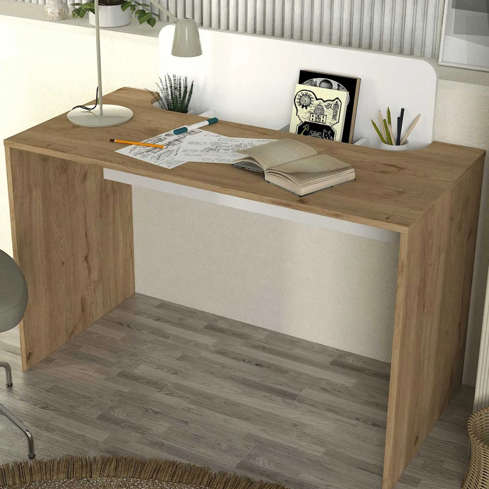 Emob Schreibtisch Maris - 120x60x98cm - mit Stauraum - Eiche Dekor/Weiß