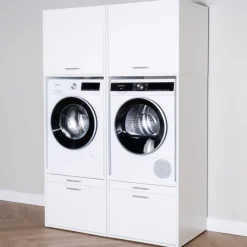 Schränke für Waschküche Linea - 133x67x200cm - 2 Türen und 2 Schubladen - weiß