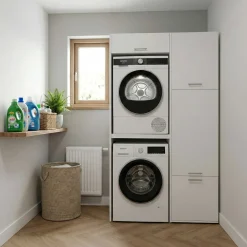 Schränke für Waschküche Linea - 116x67x200cm - 4 Türen - weiß