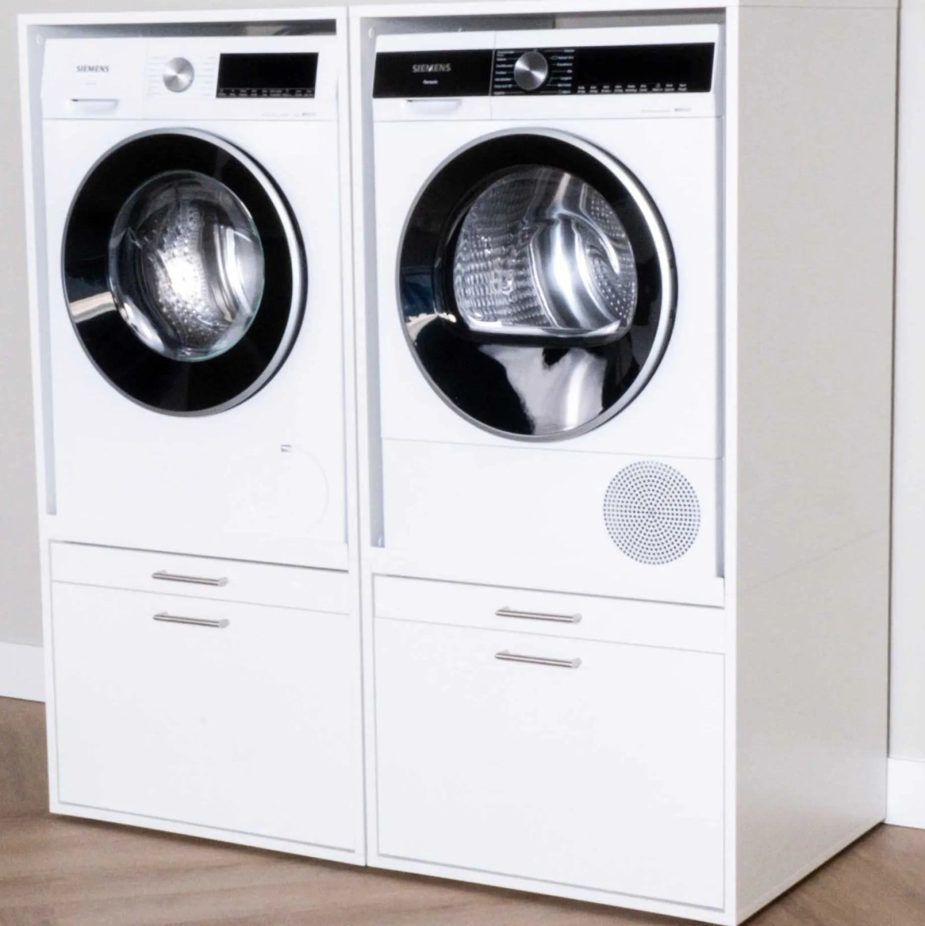 Schränke für Waschküche Linea - 133x67x142cm - 2 Schubladen - weiß