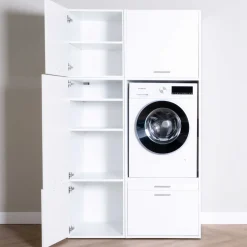 Schränke für Waschküche Linea - 116x67x200cm - 4 Türen und 1 Schublade - weiß