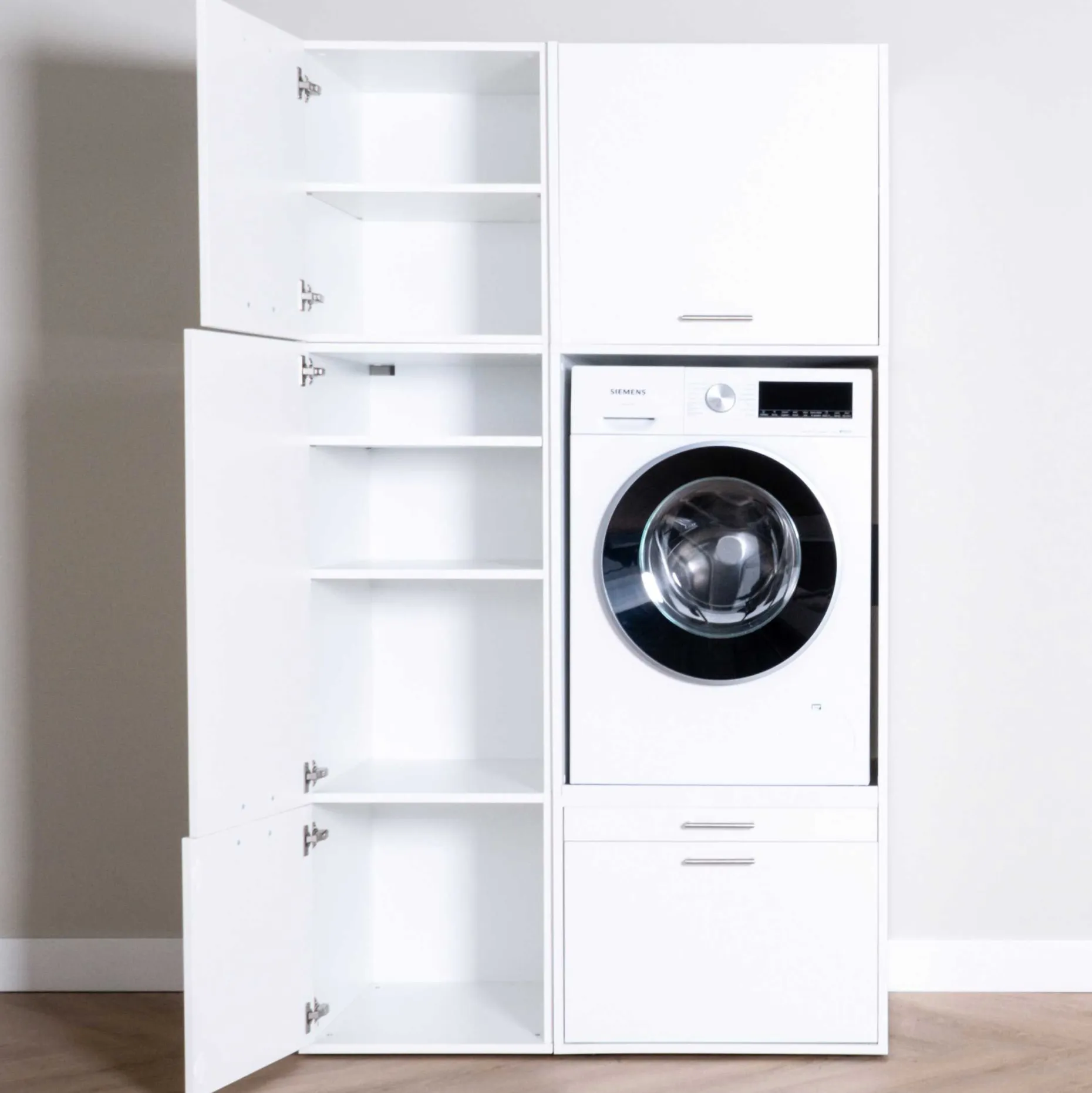 Schränke für Waschküche Linea - 116x67x200cm - 4 Türen und 1 Schublade - weiß