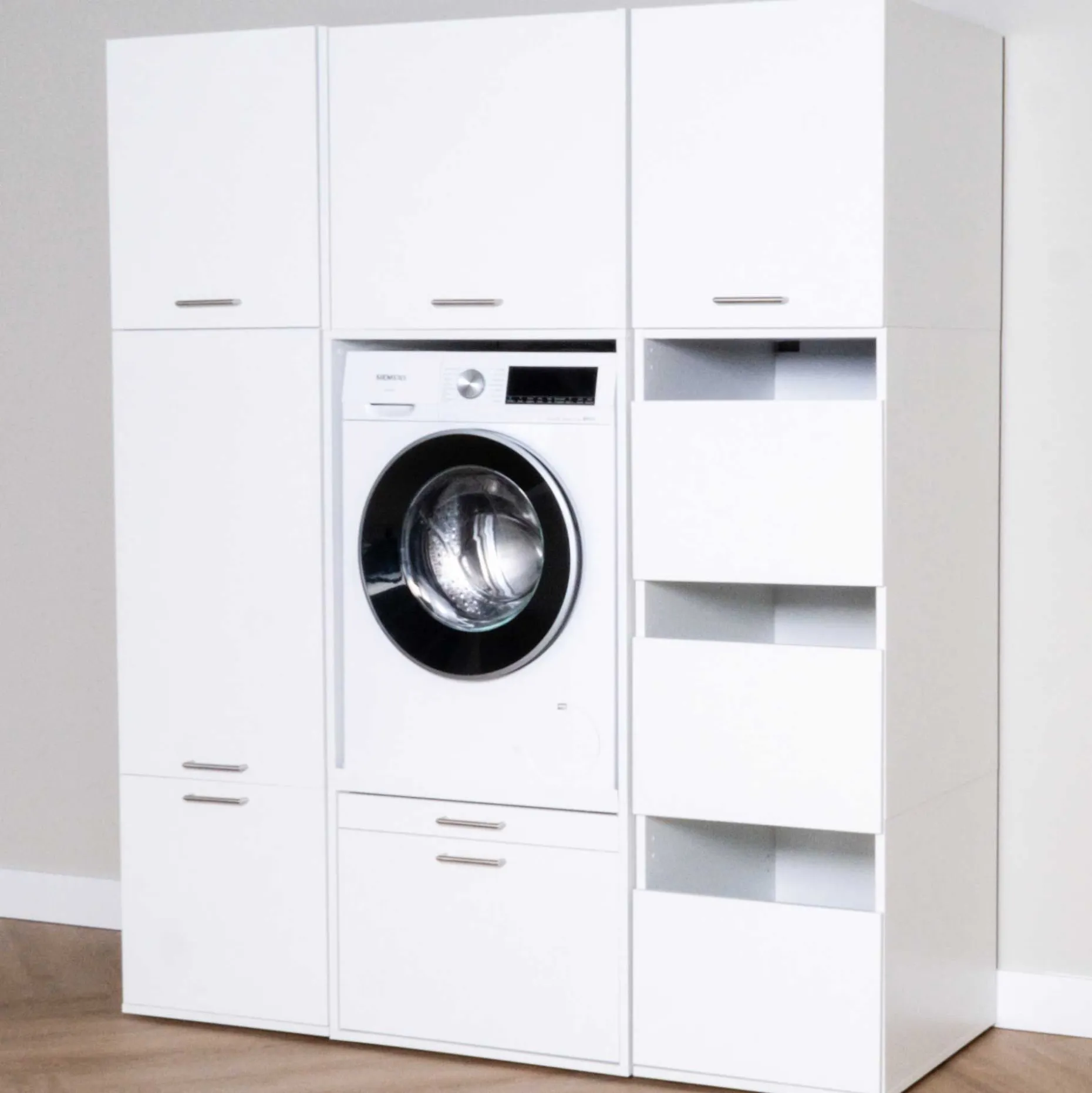 Schränke für Waschküche Linea - 166x67x200cm - 8 Türen und 1 Schublade - weiß