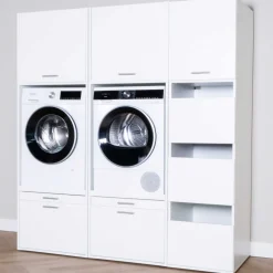 Schränke für Waschküche Linea - 183x67x200cm - 6 Türen und 2 Schubladen - weiß