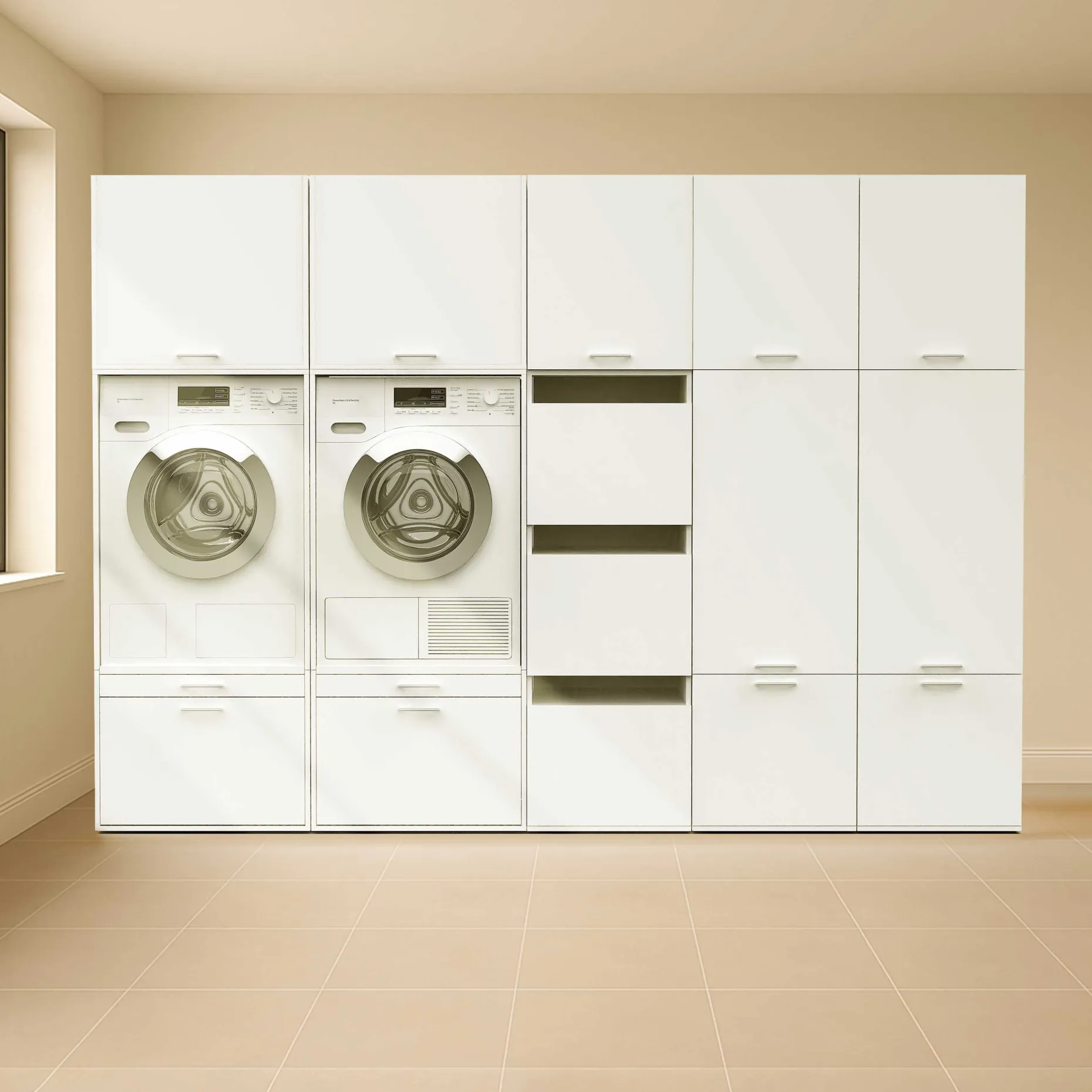 Schränke für Waschküche Linea - 283x67x200cm - 12 Türen und 2 Schubladen - weiß