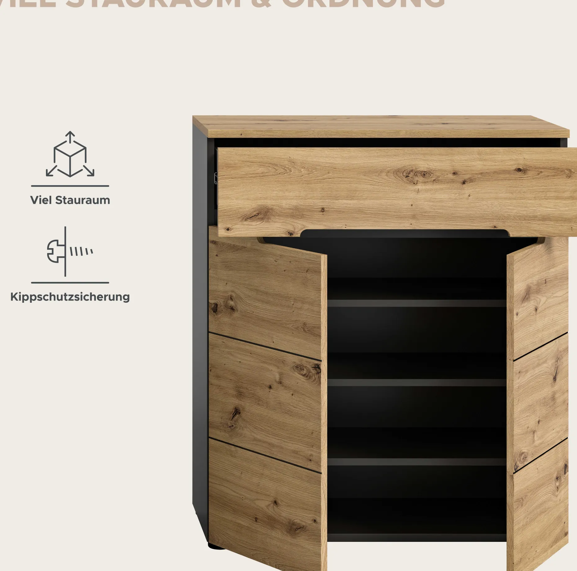 Schuhschrank Canu Xonox – Basaltgrau & Artisan – 80x94x37 cm