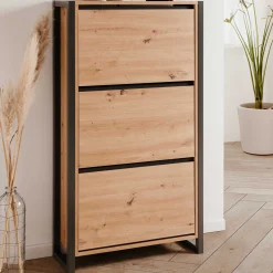 Schuhschrank Damon - 70x25x125cm - 3 Türen - Eiche Dekor