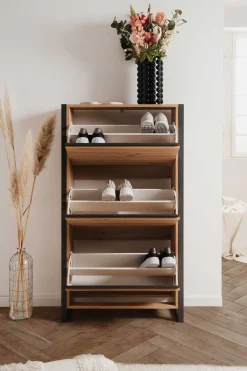 Schuhschrank Damon - 70x25x125cm - 3 Türen - Eiche Dekor