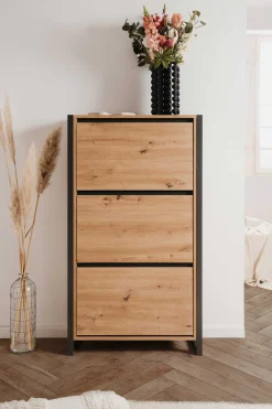 Schuhschrank Damon - 70x25x125cm - 3 Türen - Eiche Dekor
