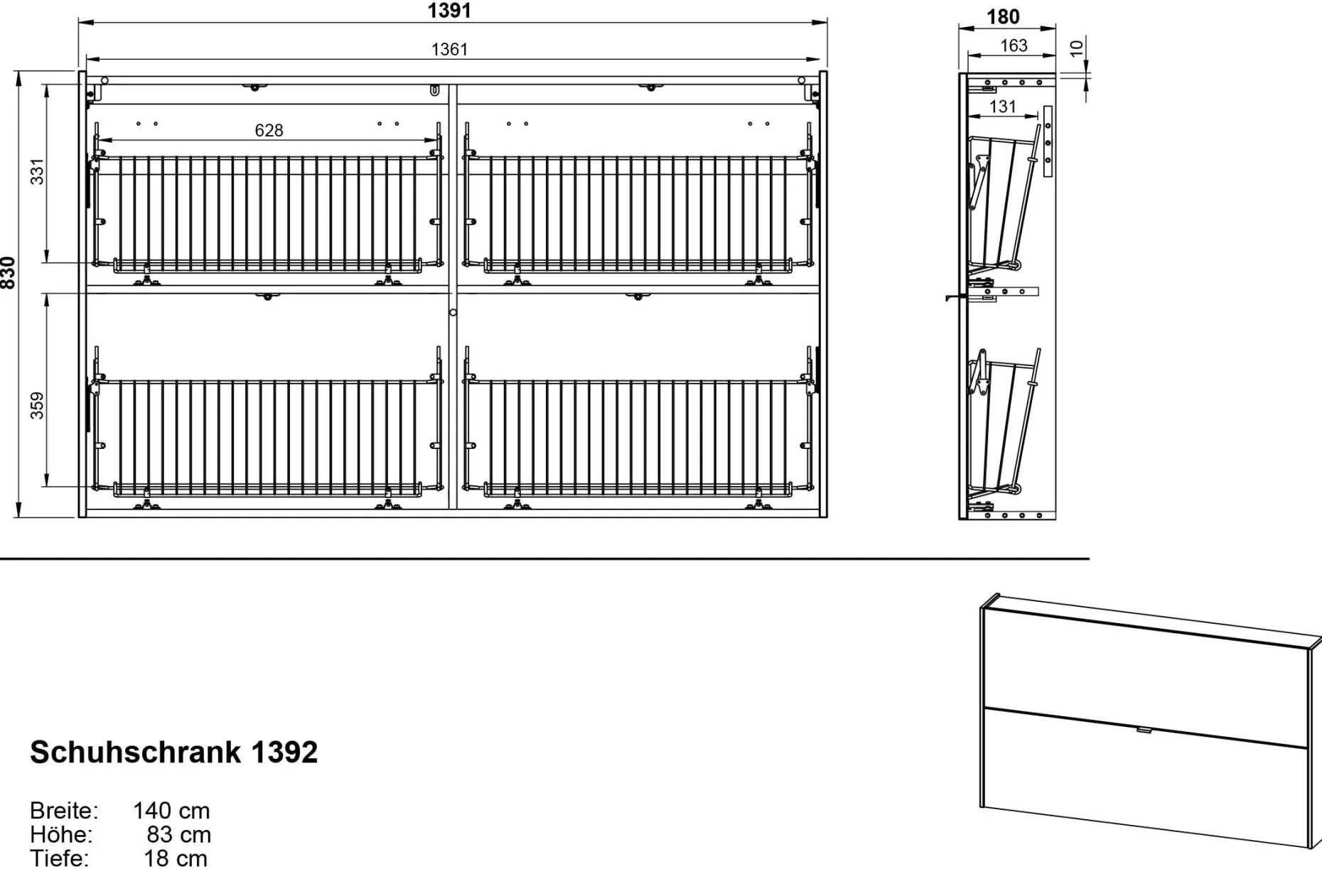 Schuhschrank Elton | 140 x 19 x 85 cm | Graphitgrau Design