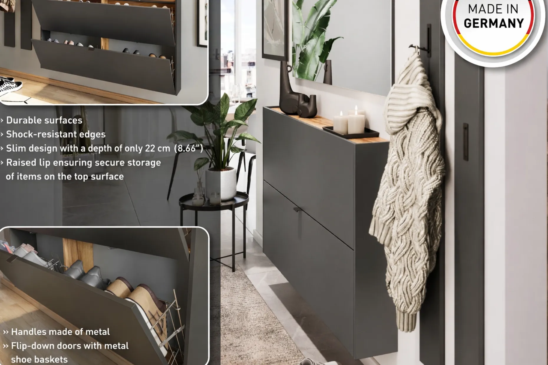 Schuhschrank Elton | 140 x 19 x 85 cm | Graphitgrau Design