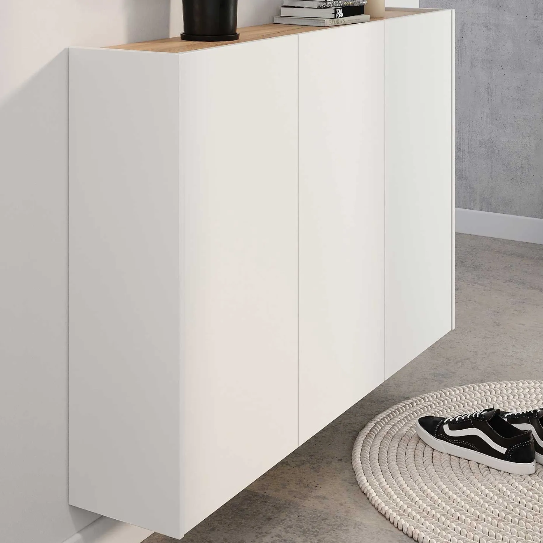 Schuhschrank Lydia - 138 x 25 x 87 cm - 3 Türen - Weiß/Eiche-Dekor