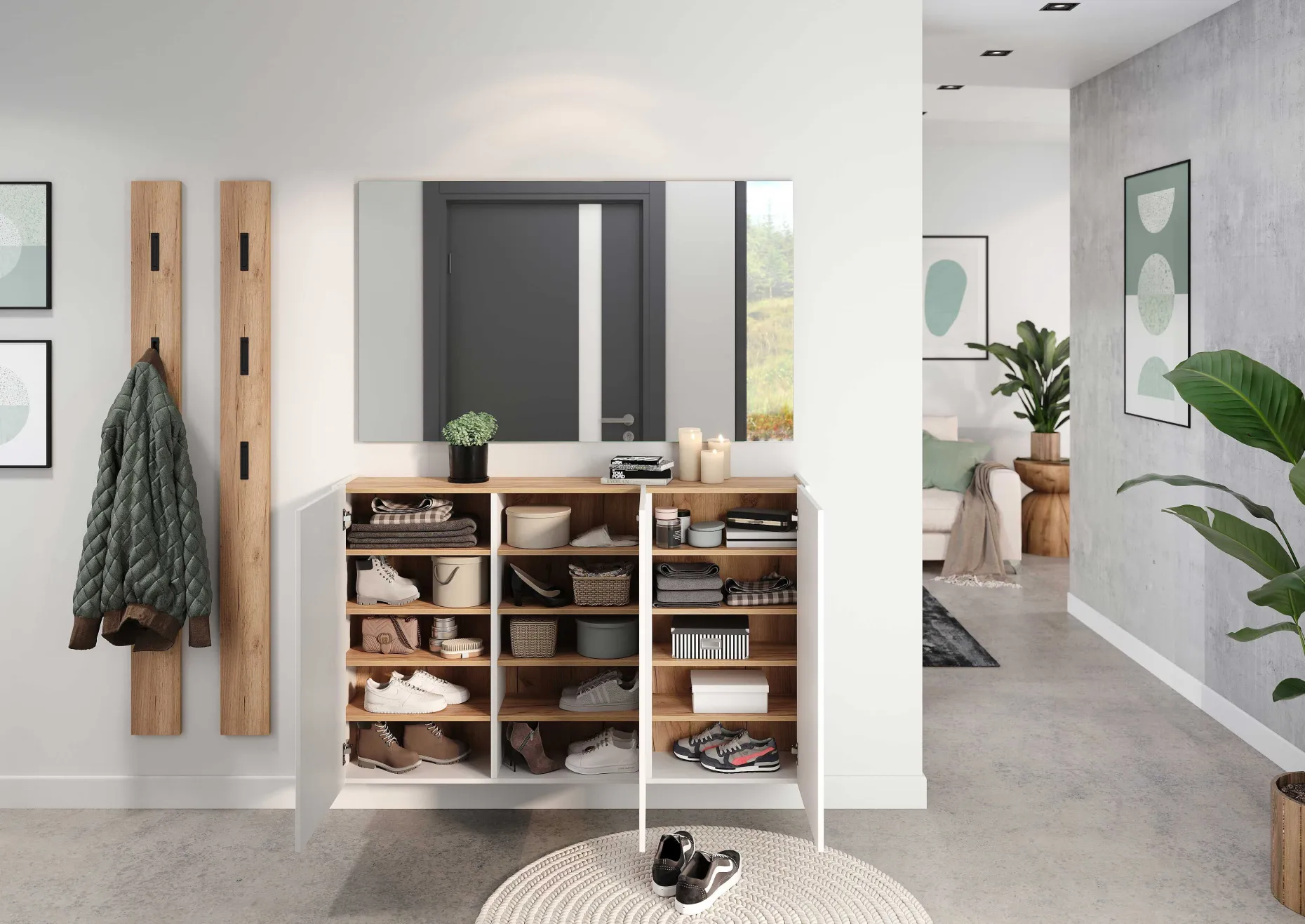 Schuhschrank Lydia - 138 x 25 x 87 cm - 3 Türen - Weiß/Eiche-Dekor