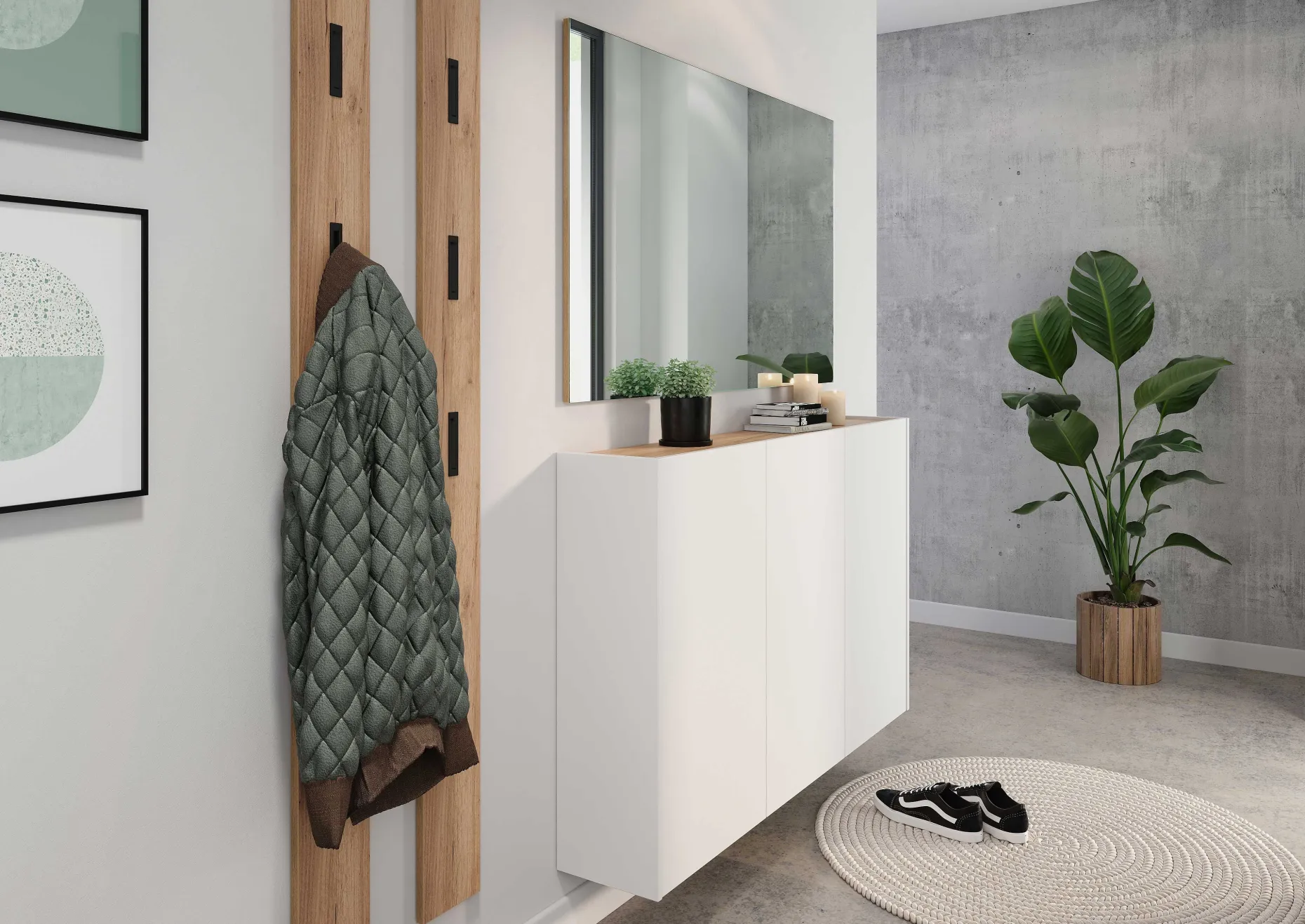 Schuhschrank Lydia - 138 x 25 x 87 cm - 3 Türen - Weiß/Eiche-Dekor
