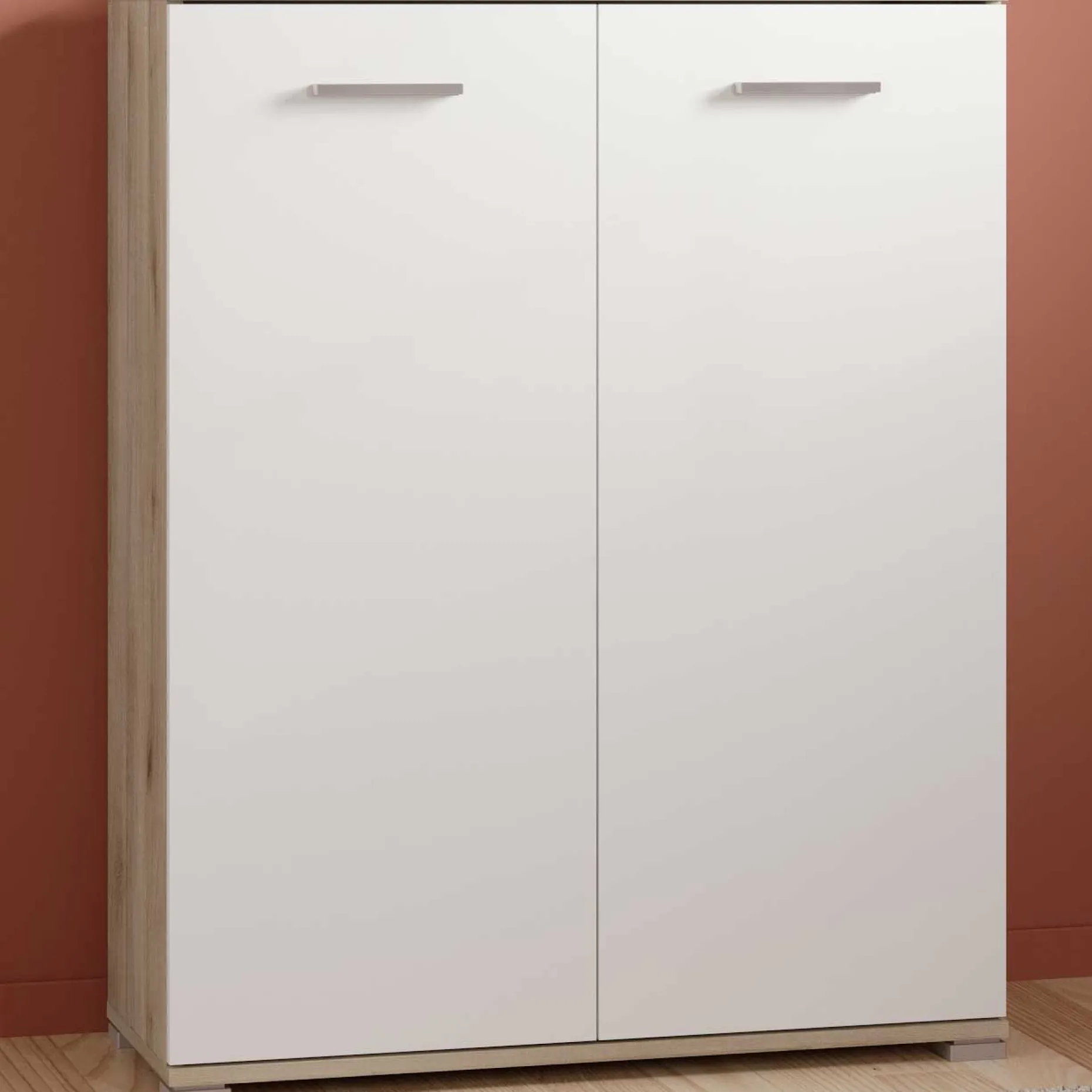 Schuhschrank Ravito - 80x35x102cm - 2 Türen - weiß/Eiche Dekor