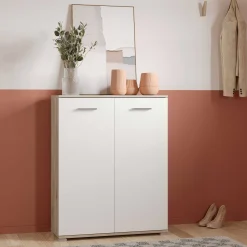 Schuhschrank Ravito - 80x35x102cm - 2 Türen - weiß/Eiche Dekor