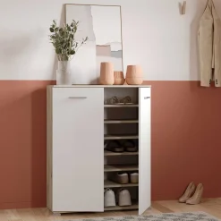 Schuhschrank Ravito - 80x35x102cm - 2 Türen - weiß/Eiche Dekor