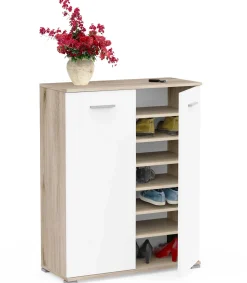 Schuhschrank Ravito - 80x35x102cm - 2 Türen - weiß/Eiche Dekor
