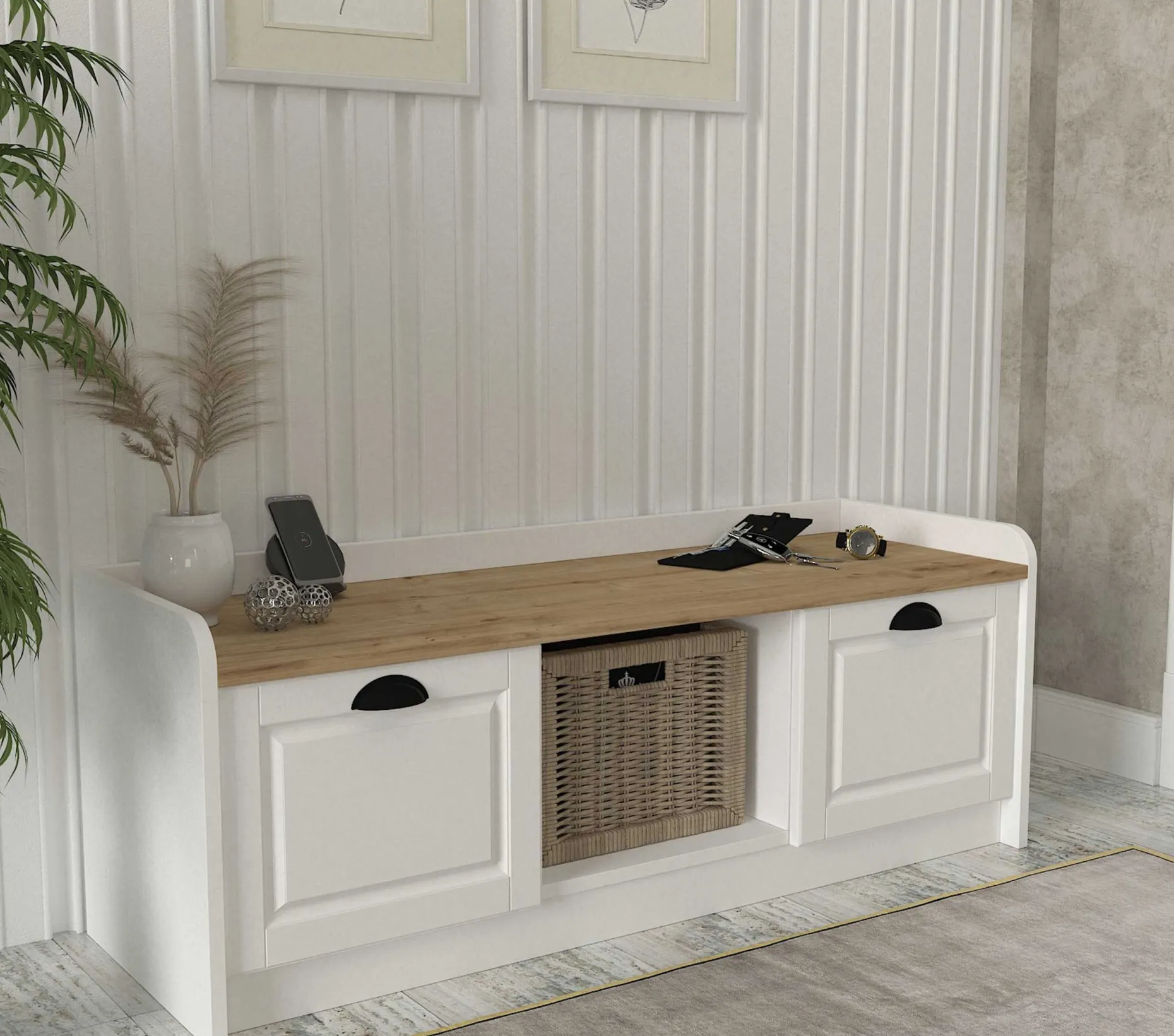 Schuhschrank Rayne - 120x40x45cm - 2 Türen - weiß/Eiche Dekor