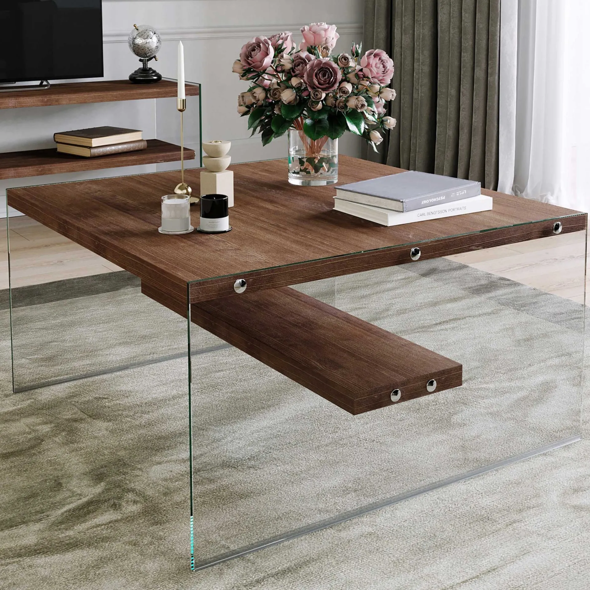 Emob S1 Couchtisch | GEHÄRTETES GLAS | Walnuss
