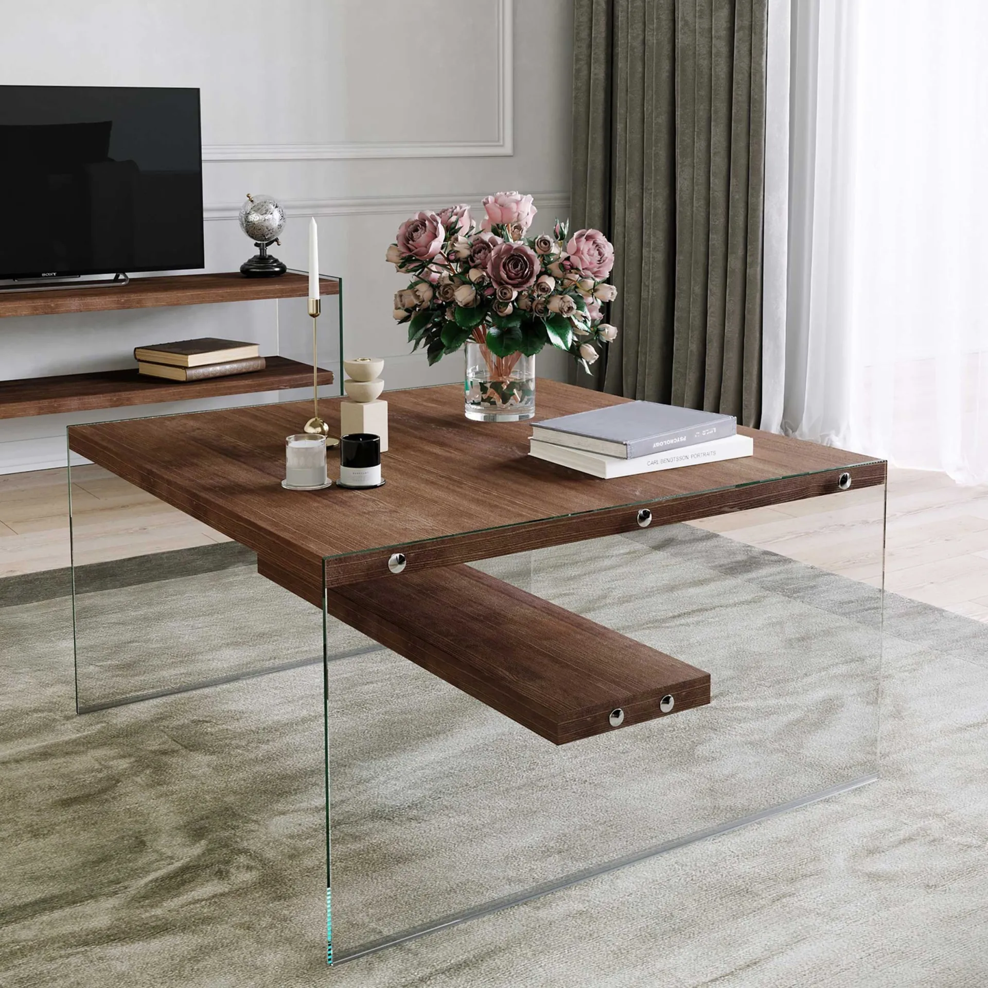 Emob S1 Couchtisch | GEHÄRTETES GLAS | Walnuss
