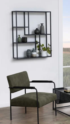 Seaford Rechteckiges Wandregal - Schwarzer Stahlrahmen, Melaminharzböden in Esche - 75x20x91 cm
