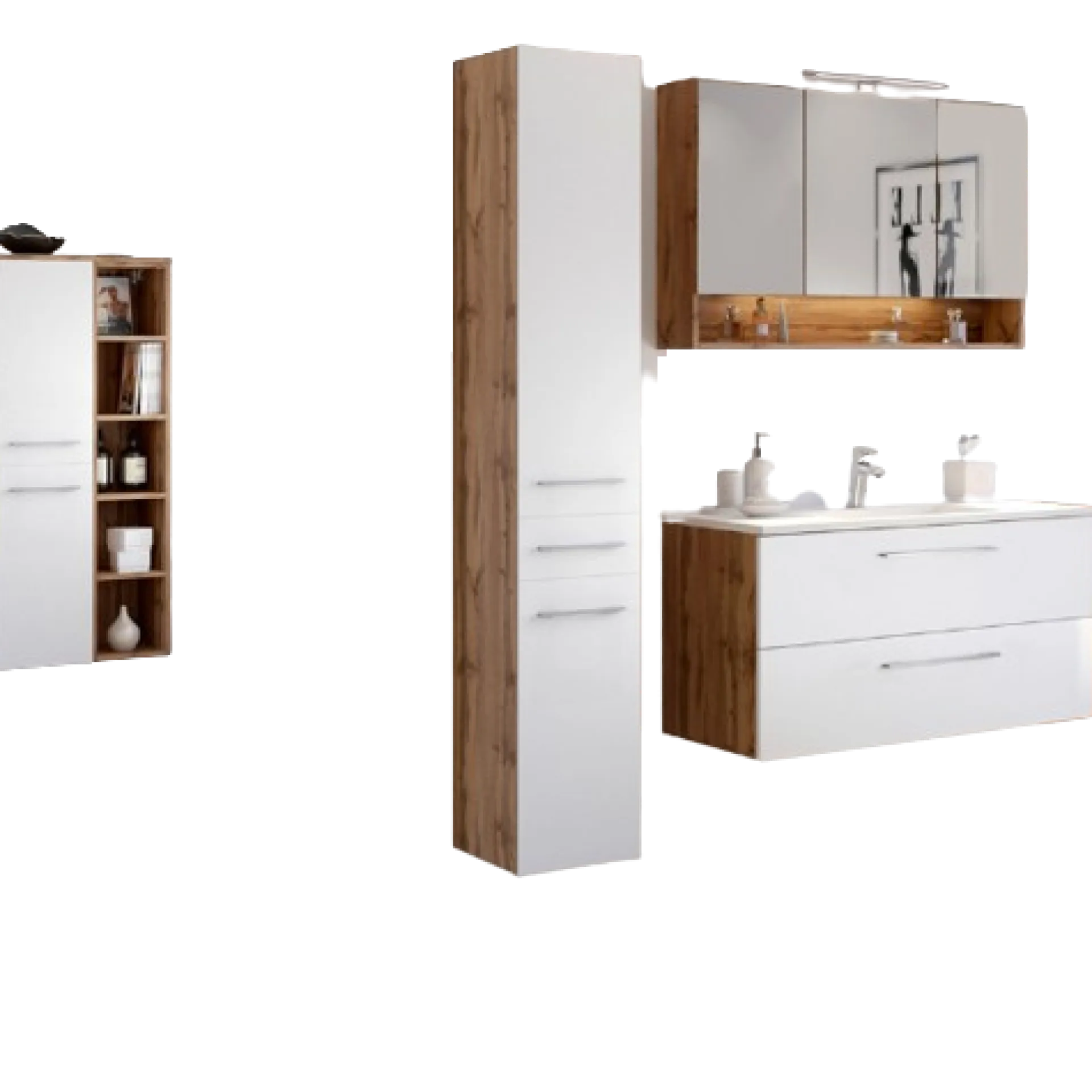 Held SefaBadezimmer : Spiegelschrank, Waschbeckenschrank, 2x Säulenschrank, Regal - Eiche/Weiß