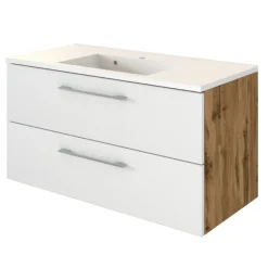 Held SefaBadezimmer : Spiegelschrank, Waschbeckenschrank, 2x Säulenschrank, Regal - Eiche/Weiß