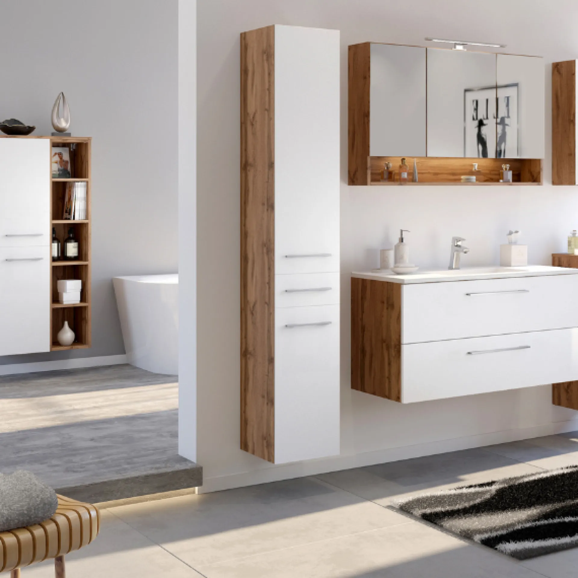 Held SefaBadezimmer : Spiegelschrank, Waschbeckenschrank, 2x Säulenschrank, Regal - Eiche/Weiß