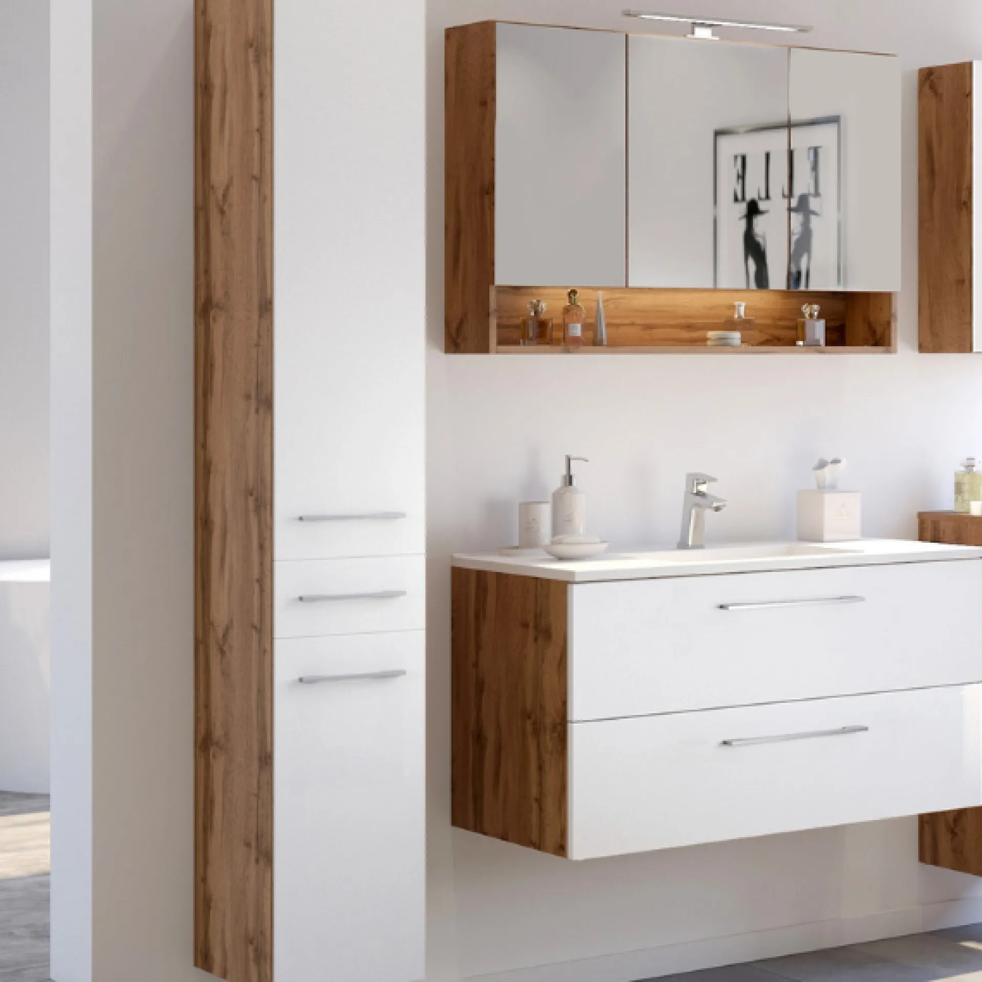 Held SefaBadezimmer : Spiegelschrank, Waschtischschrank, Säulenschrank - Eiche/Weiß