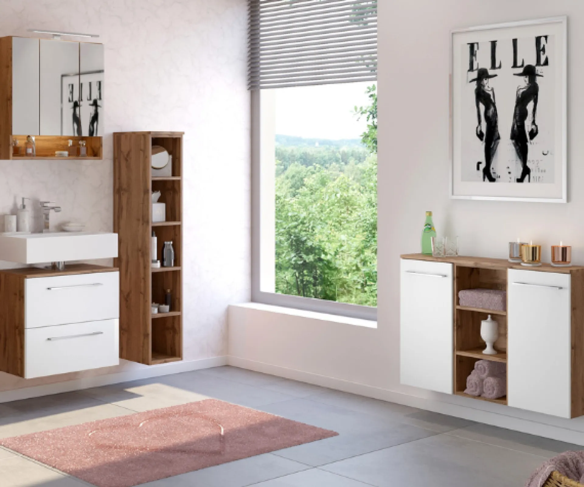 Held SefaBadezimmer : Spiegelschrank, Waschbeckenunterschrank, Regal, Ablageschrank - Eiche/Weiß